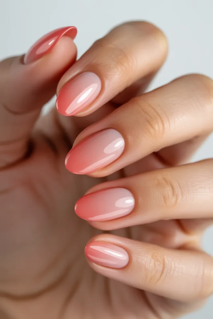 almond-shaped jelly nails, soft translucent pink