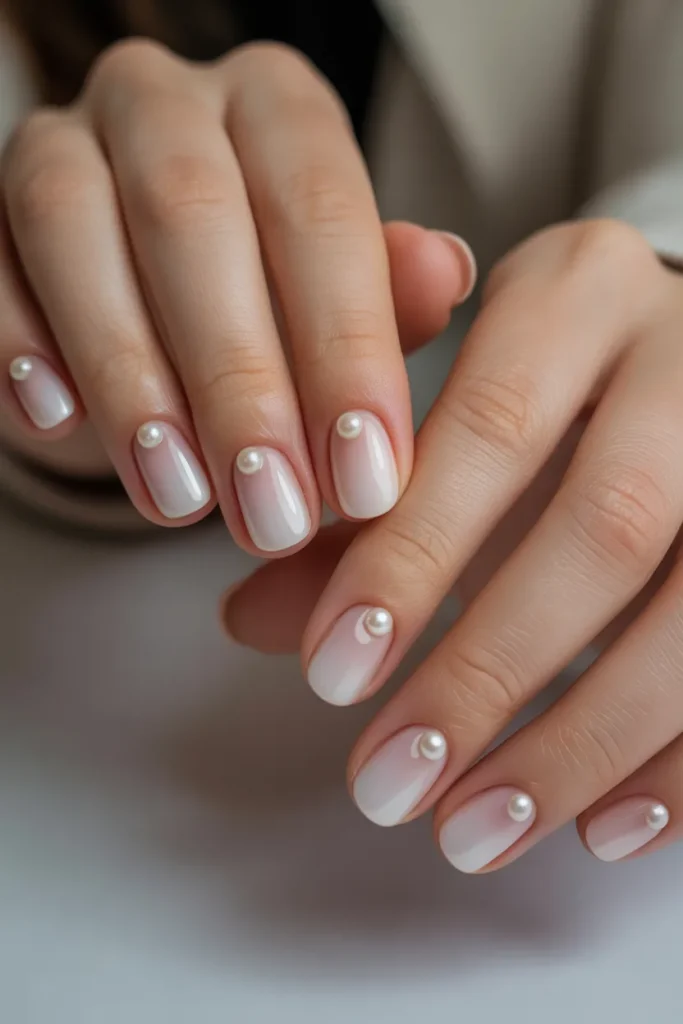 baby boomer nails with small pearls near the tips