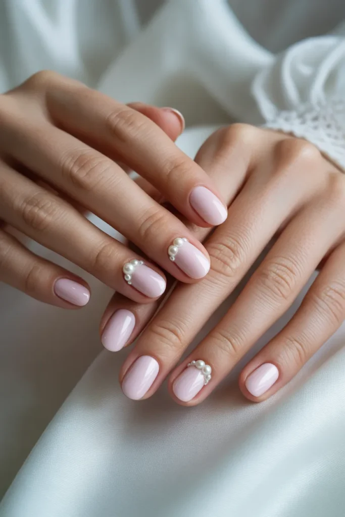 baby pink nails with pearl accents