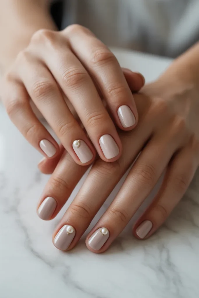 beige nails with small pearl accents