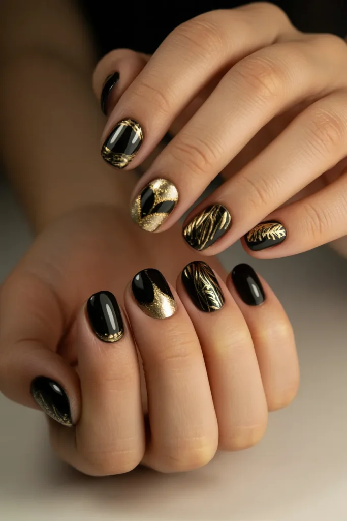 black gold nails, luxury nail design