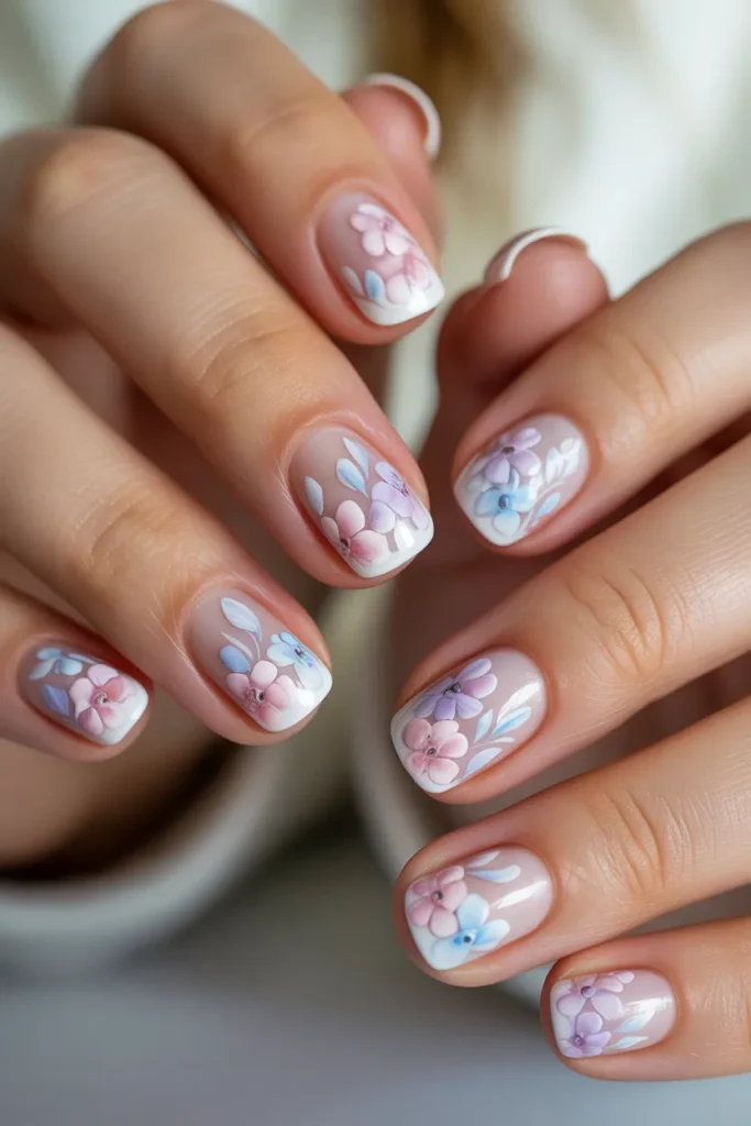 blue floral french tip nails