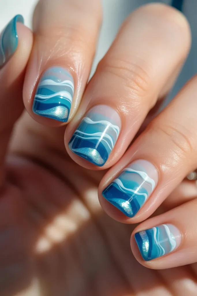 blue jelly nails with ocean-inspired design, waves