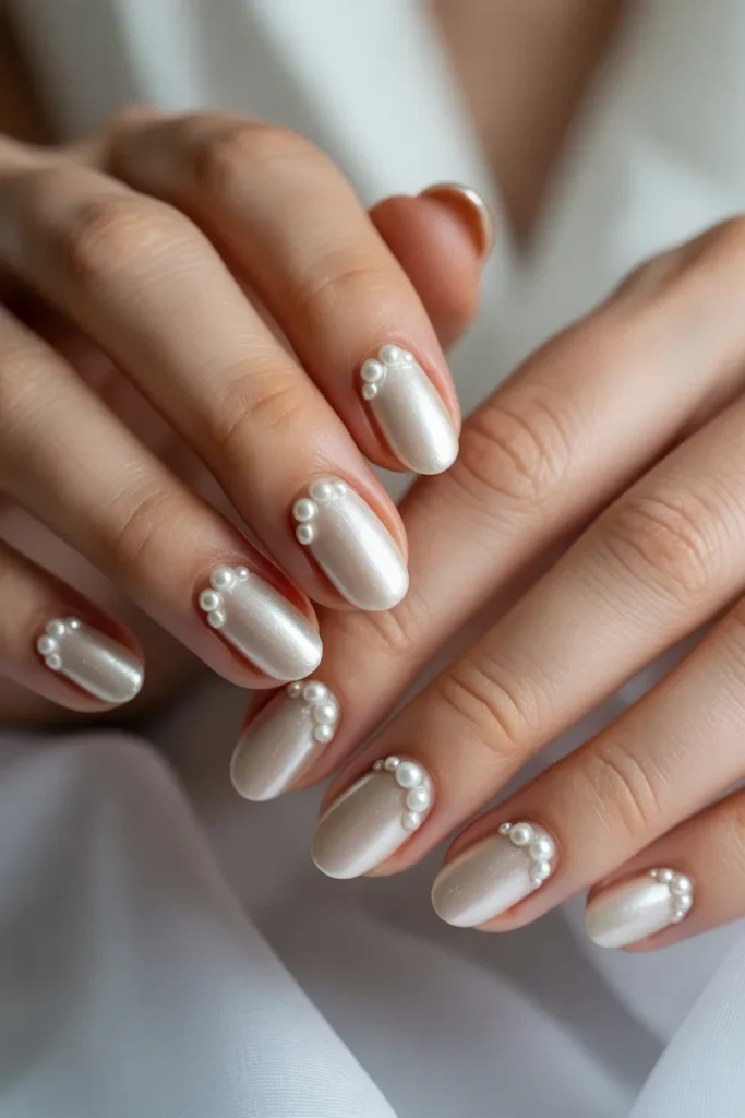 bridal nails with pearls and soft shimmer
