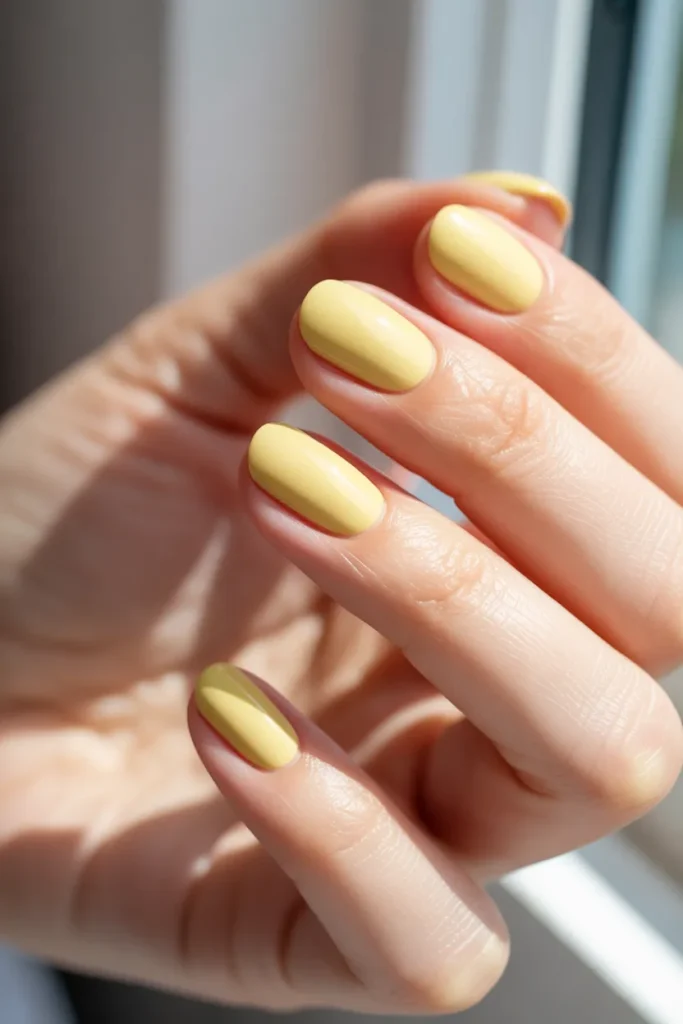 butter yellow nails, soft pastel solid color