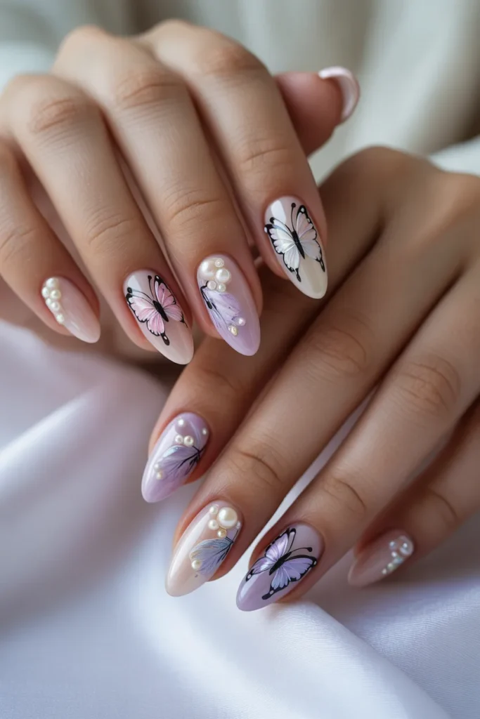butterfly nail art with pearl embellishments
