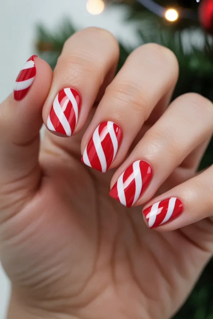 candy cane nail design, red white stripes
