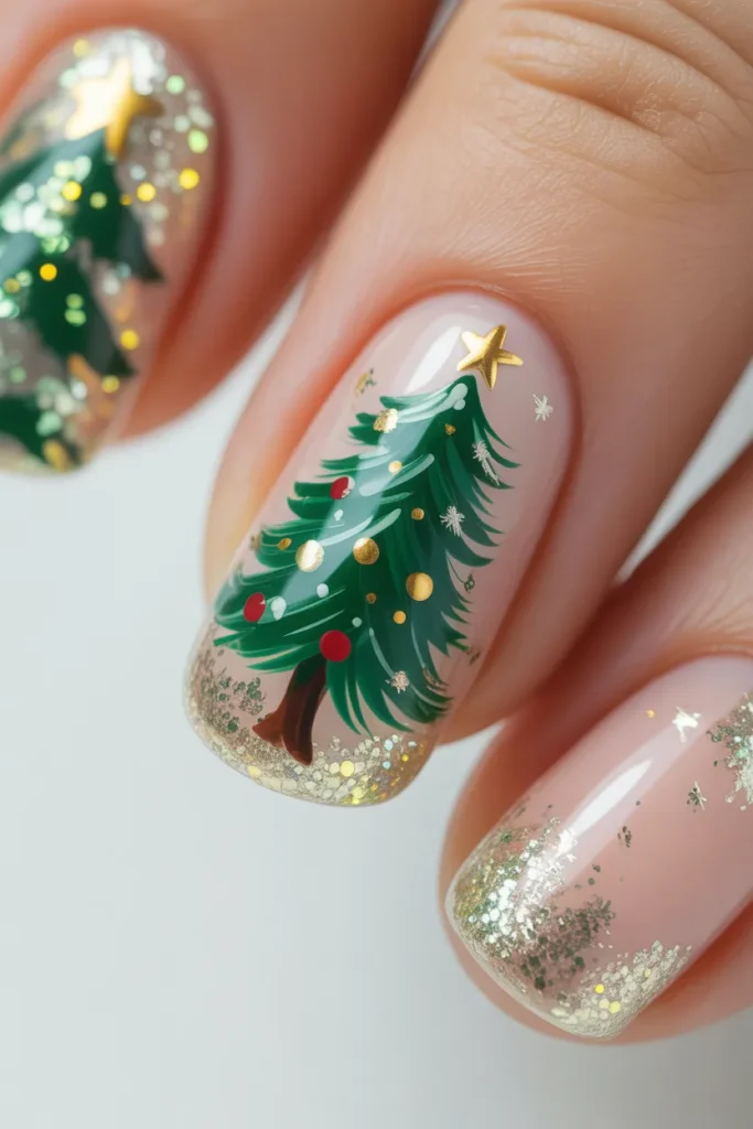 christmas tree nail art, green tree design