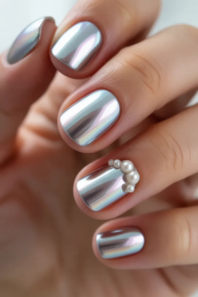 chrome pearl finish nails with small pearl decorations