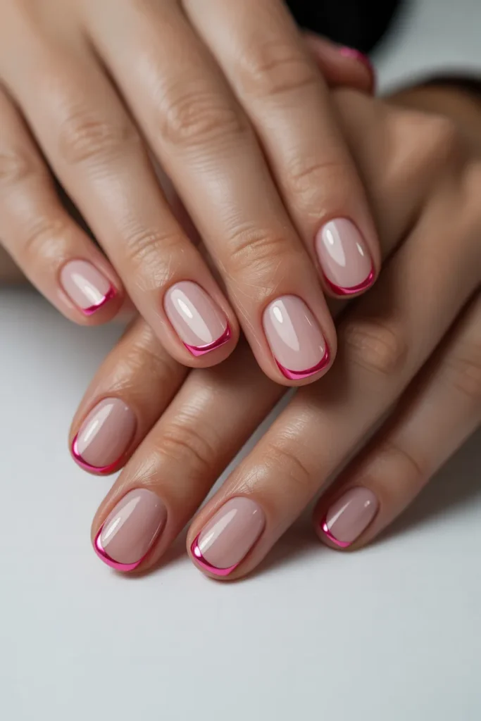 chrome pink outline french nails
