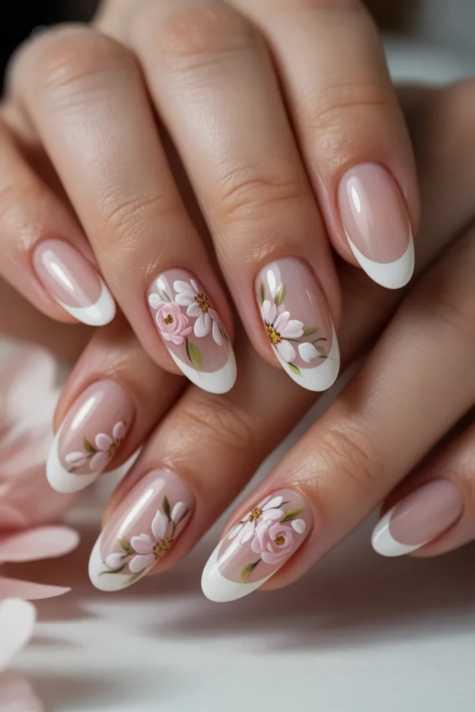 classic French tip nails with tiny hand-painted floral designs