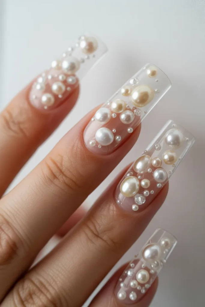 clear acrylic nails with embedded pearls