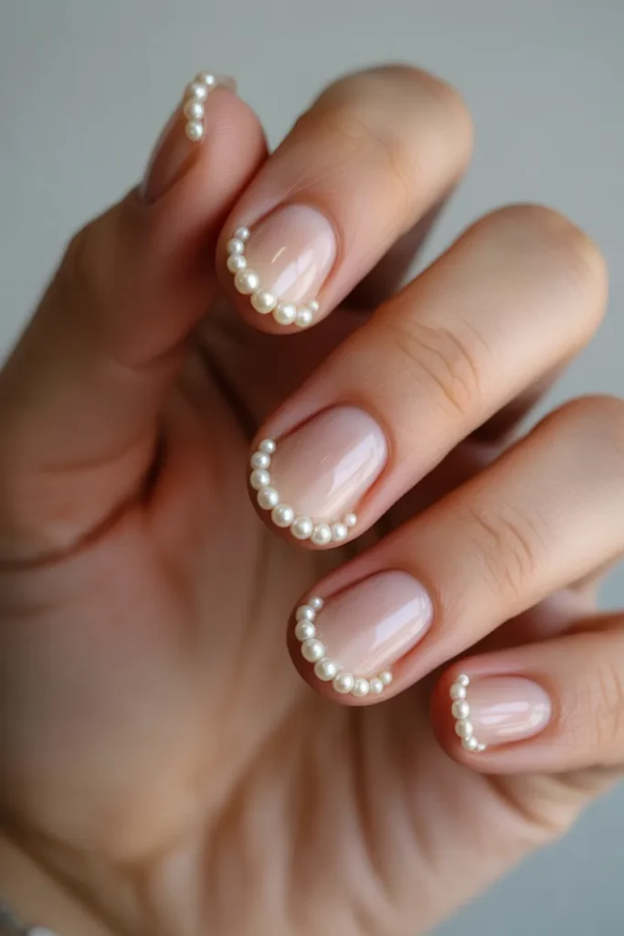 clear nails with pearl border around edges