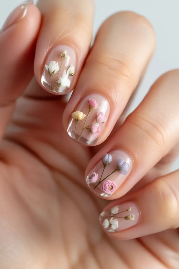 clear nails with small flowers