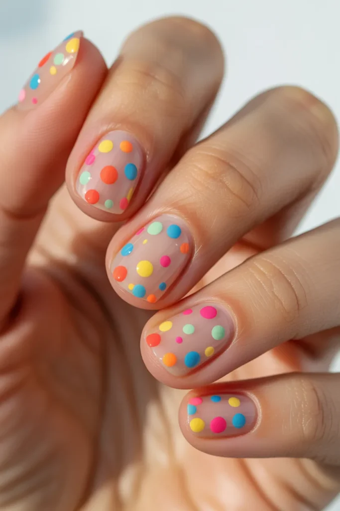 clear or nude nails with colorful confetti dots
