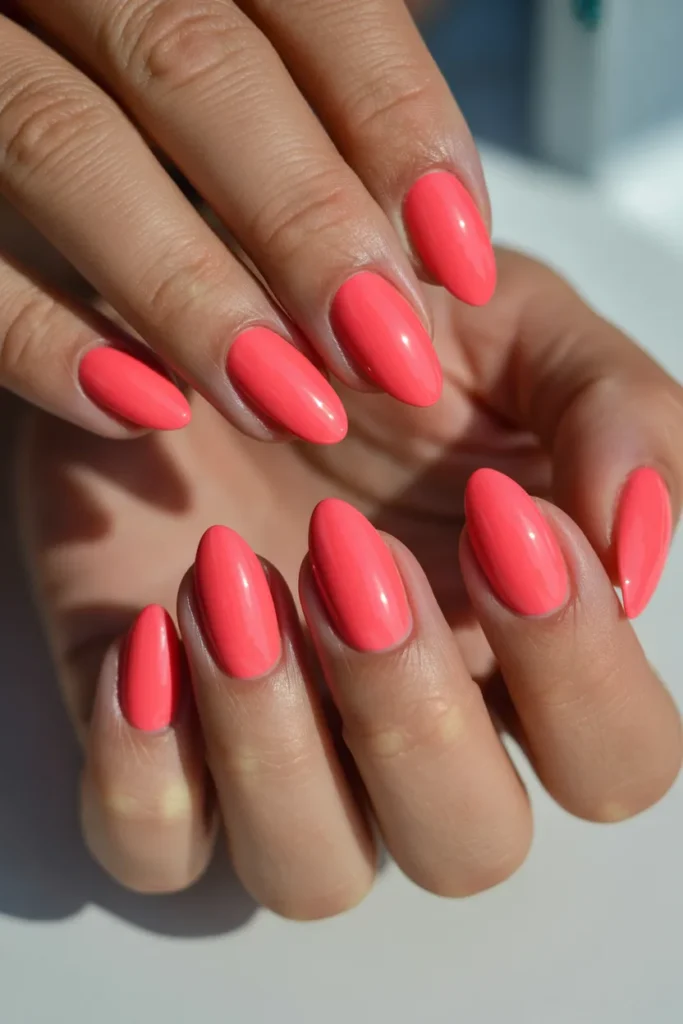 coral almond nails, glossy