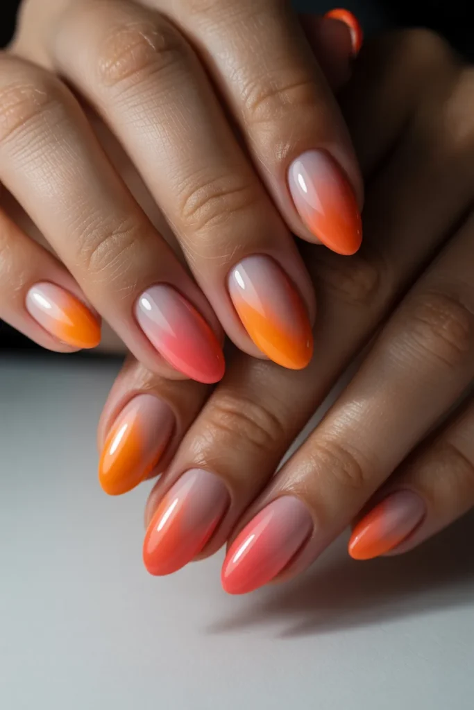 coral gradient nails with orange-pink sunset effect