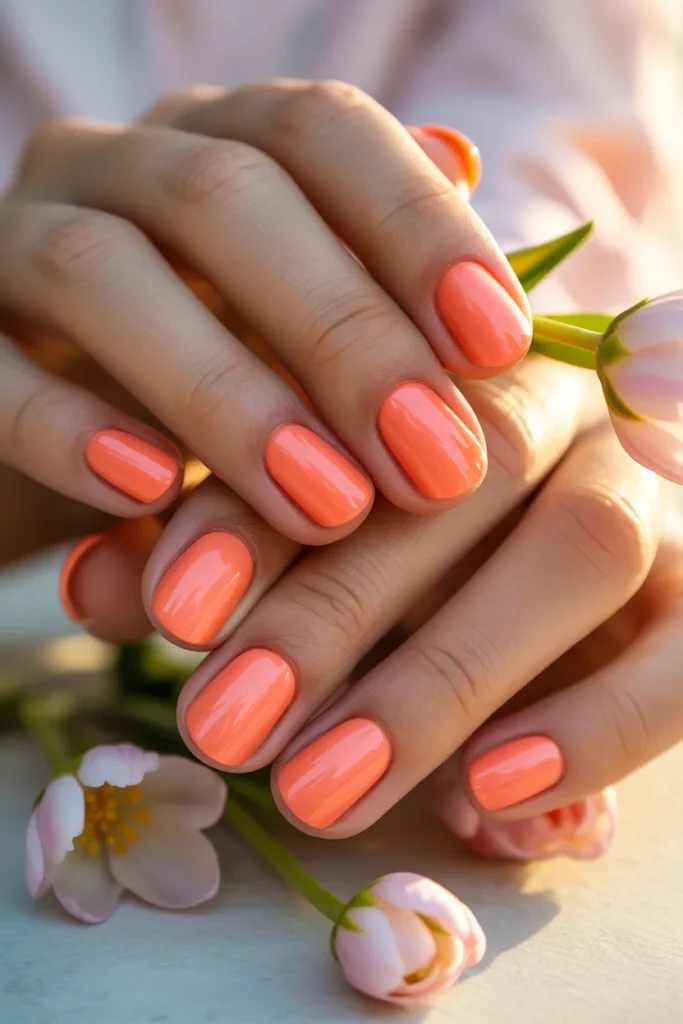 coral nails, glossy spring manicure