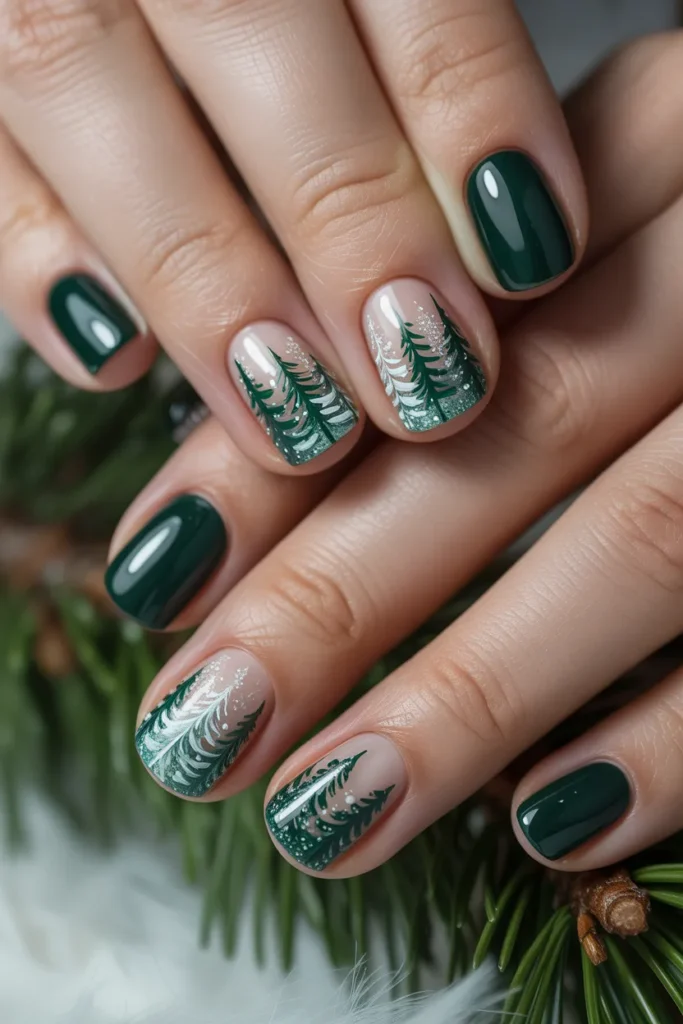 dark green nails with pine trees