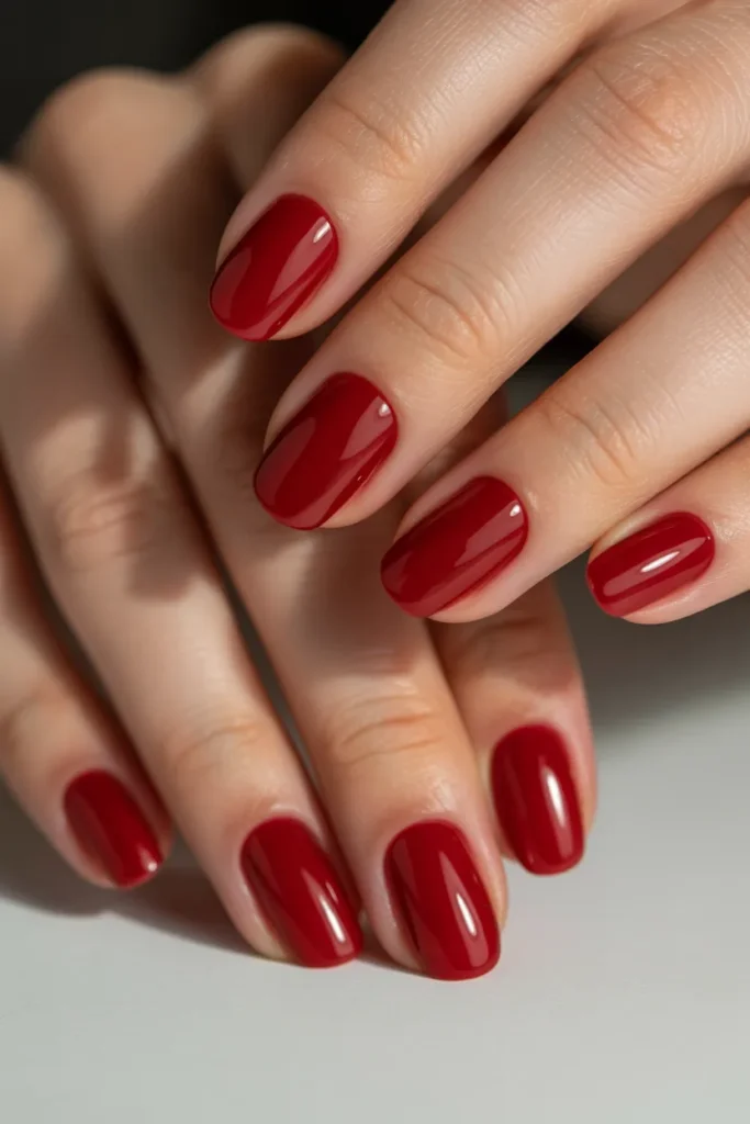deep red jelly nails, glossy translucent, bold and elegant