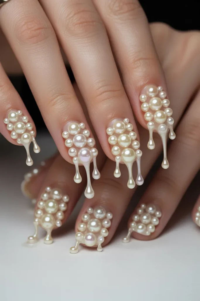 drip nail design with pearls forming dripping effect
