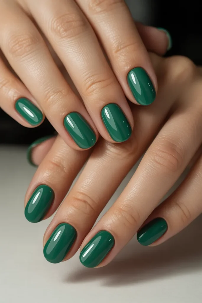 emerald green nails, glossy finish, oval shape