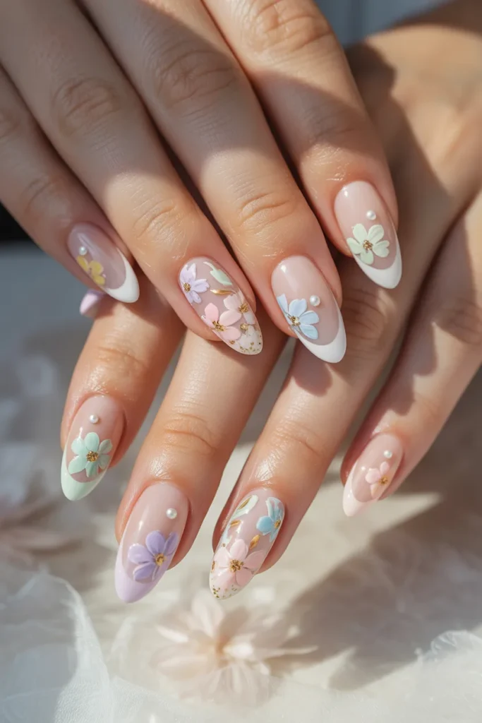 floral french tip almond nails