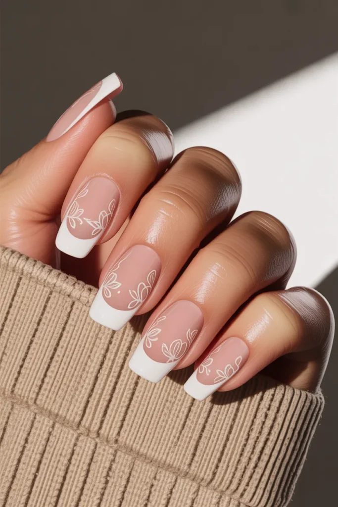 floral outline french tip nails