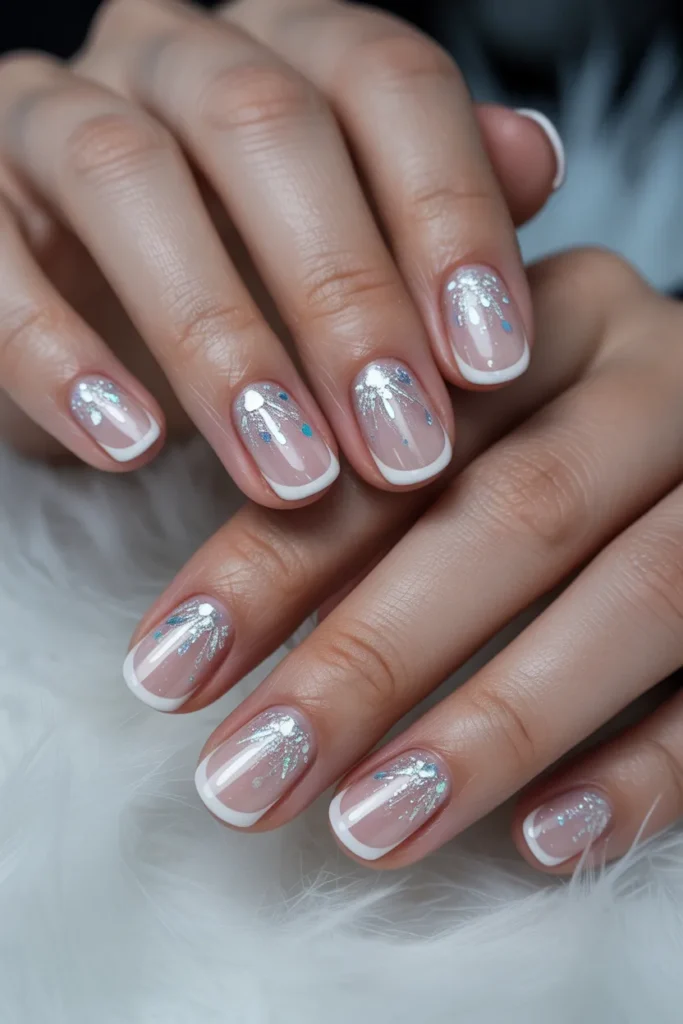 french tips with glitter, icy effect nails