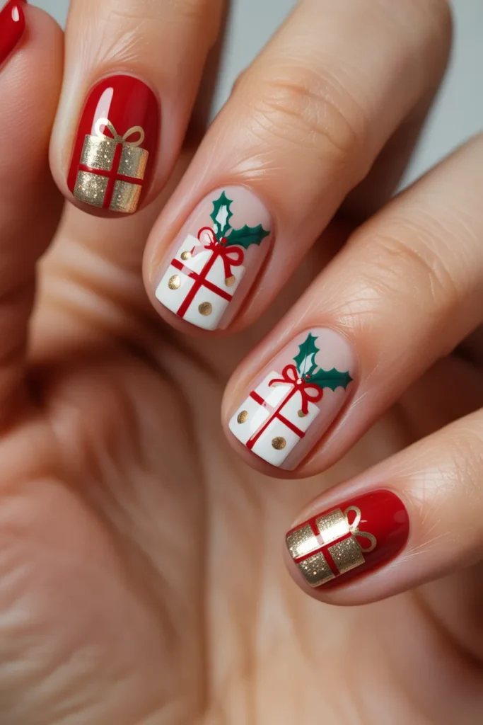 gift box nail art bows Christmas nails cute