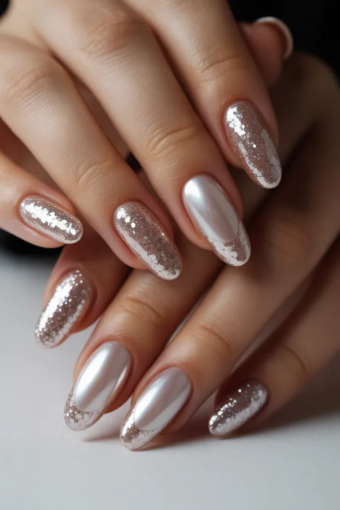 glitter nails with pearl French tips