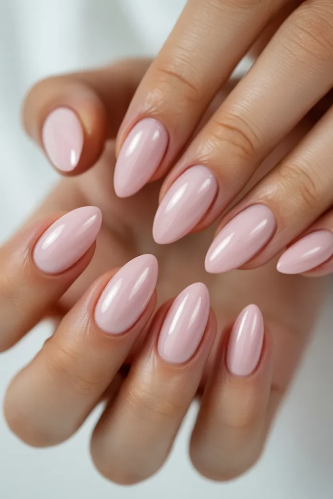glossy baby pink almond nails