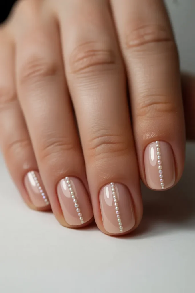 glossy nude nails with straight pearl lines