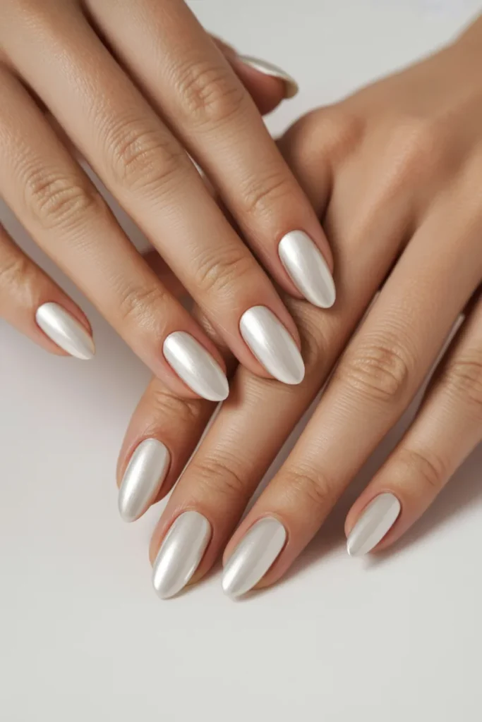 glossy white almond nails