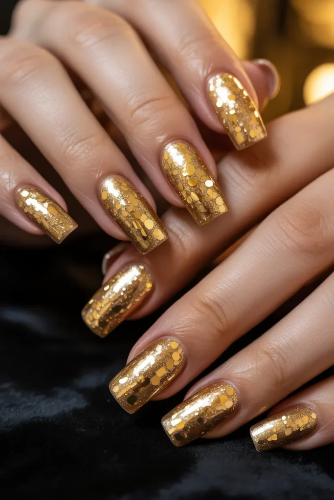 gold glitter nails, sparkling texture, coffin shape