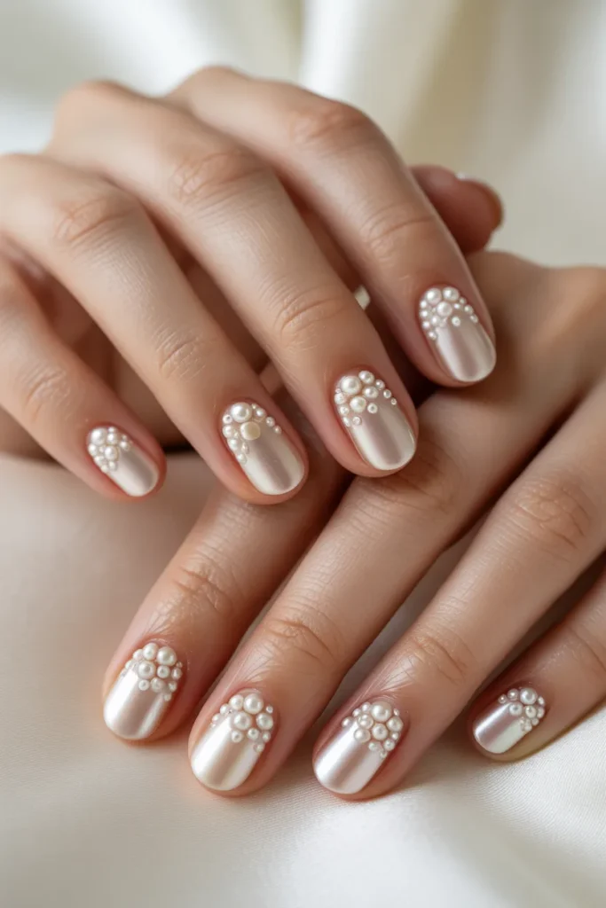 gradient pearl arrangement on nails