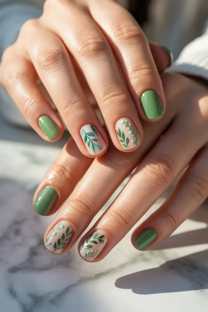 green french tip nails, leaf nail art