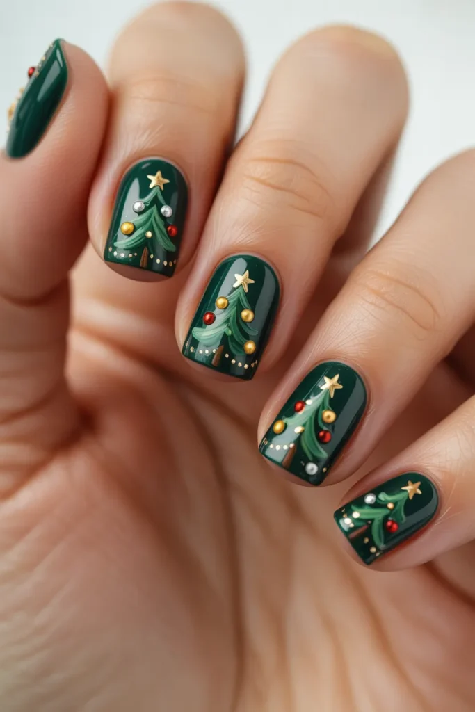 green nails with Christmas tree design, tiny ornaments