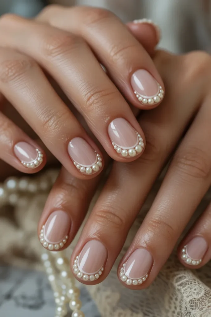 half-moon nails with pearl embellishments
