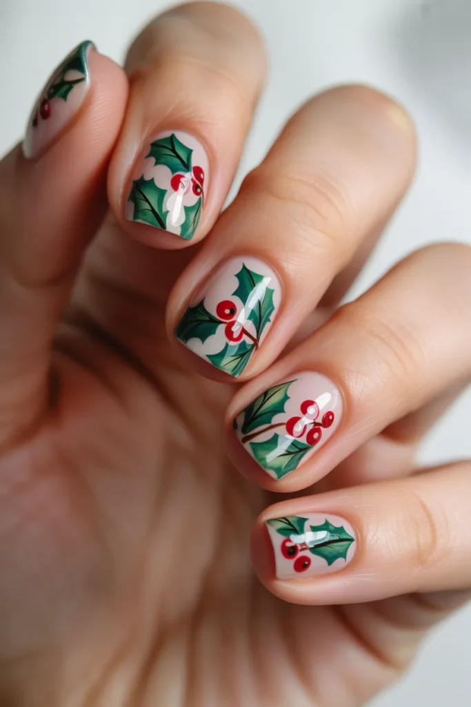 holly berry nail art green leaves red berries festive
