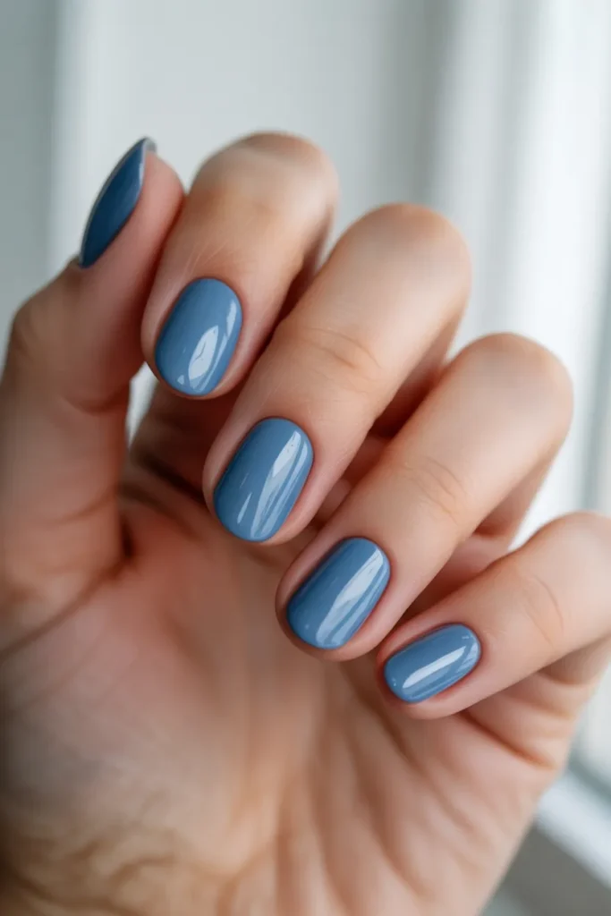 ice blue nails, glossy pastel solid color