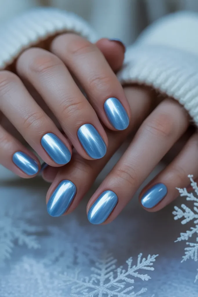 icy blue nails, cool tones, glossy finish
