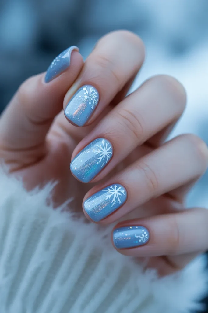 icy blue nails with shimmer, snowflake accents