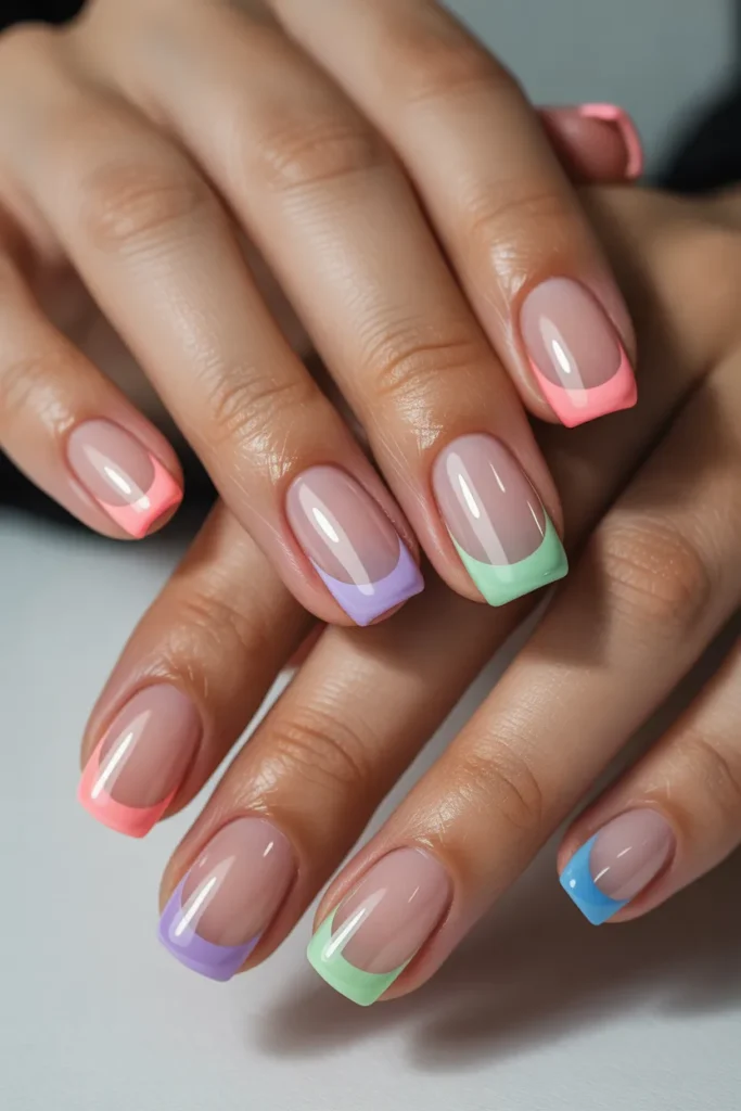  jelly french tip nails, clear base with colorful translucent tips