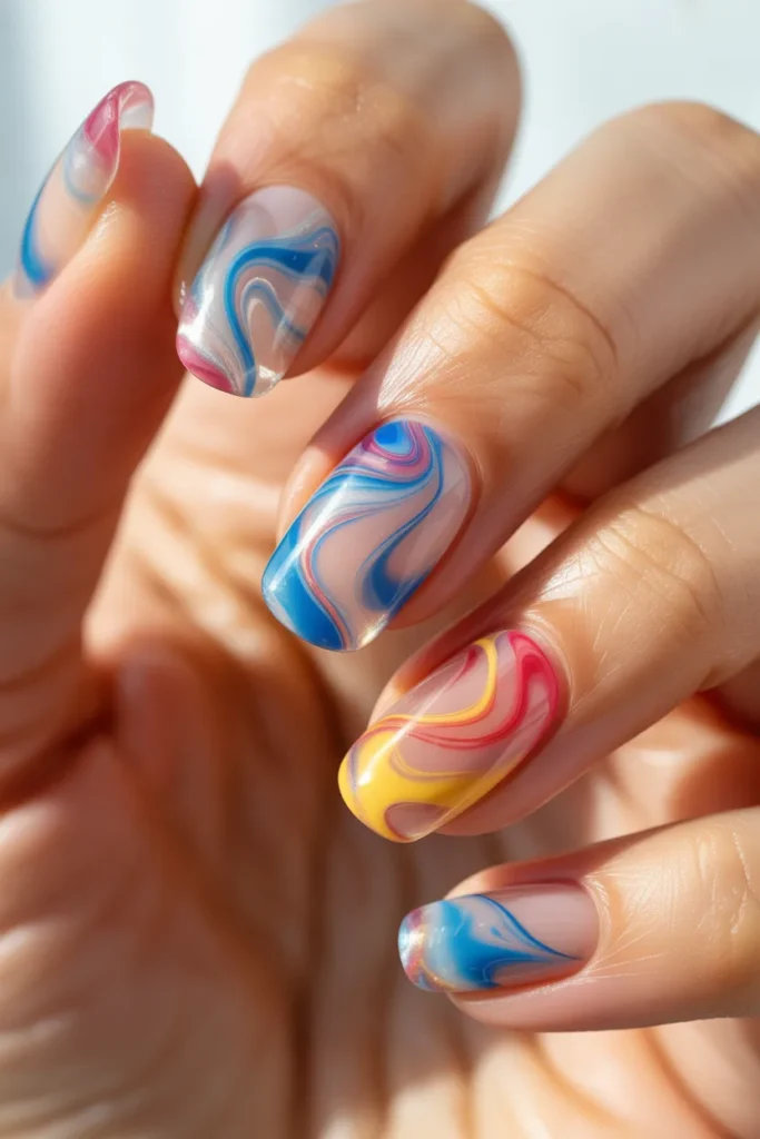 jelly nails with abstract swirl designs