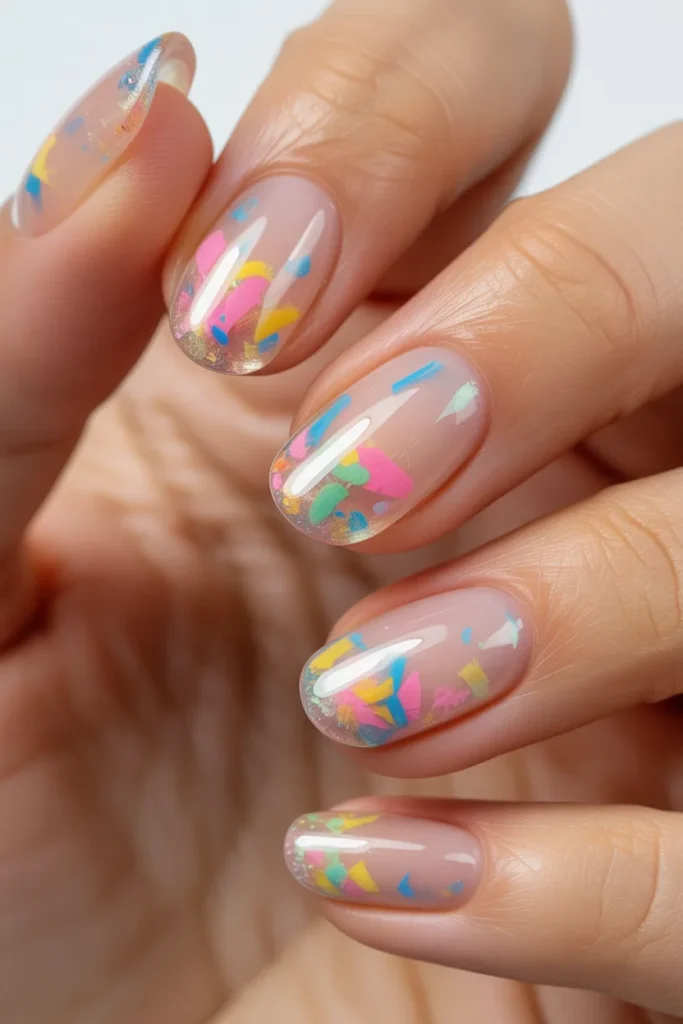 jelly nails with colorful confetti pieces