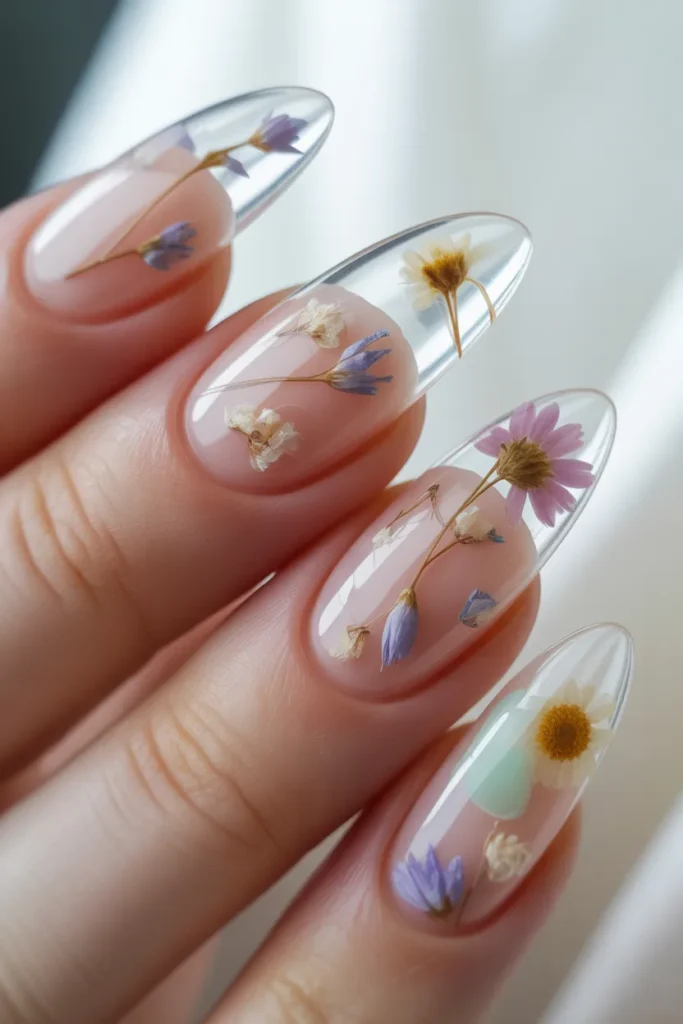  jelly nails with embedded tiny flowers, pastel tones