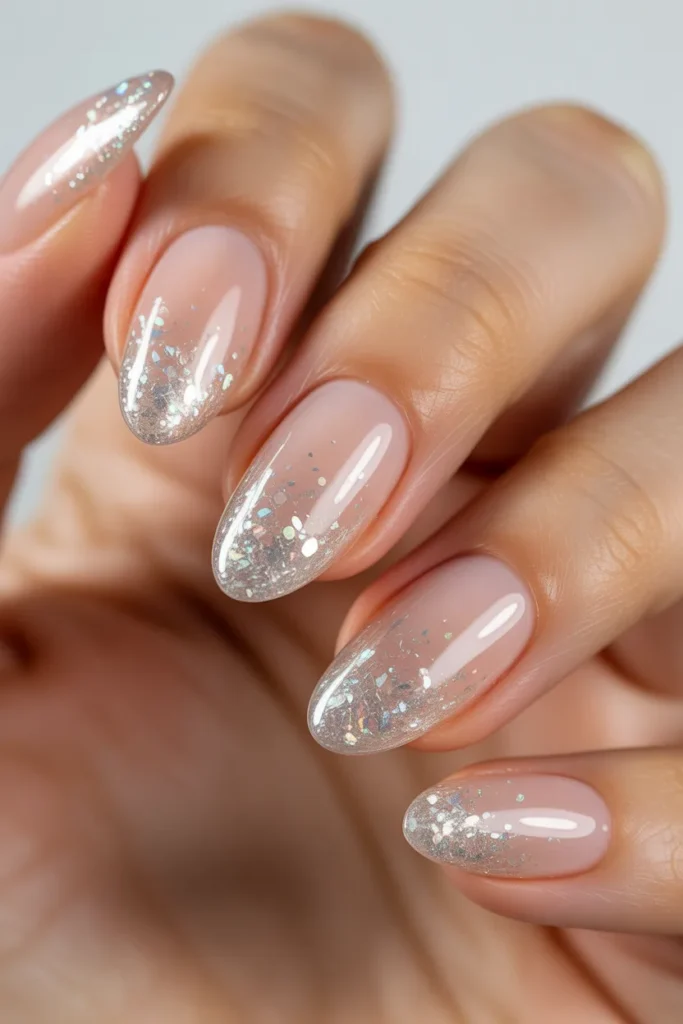  jelly nails with glitter gradient tips, clear base