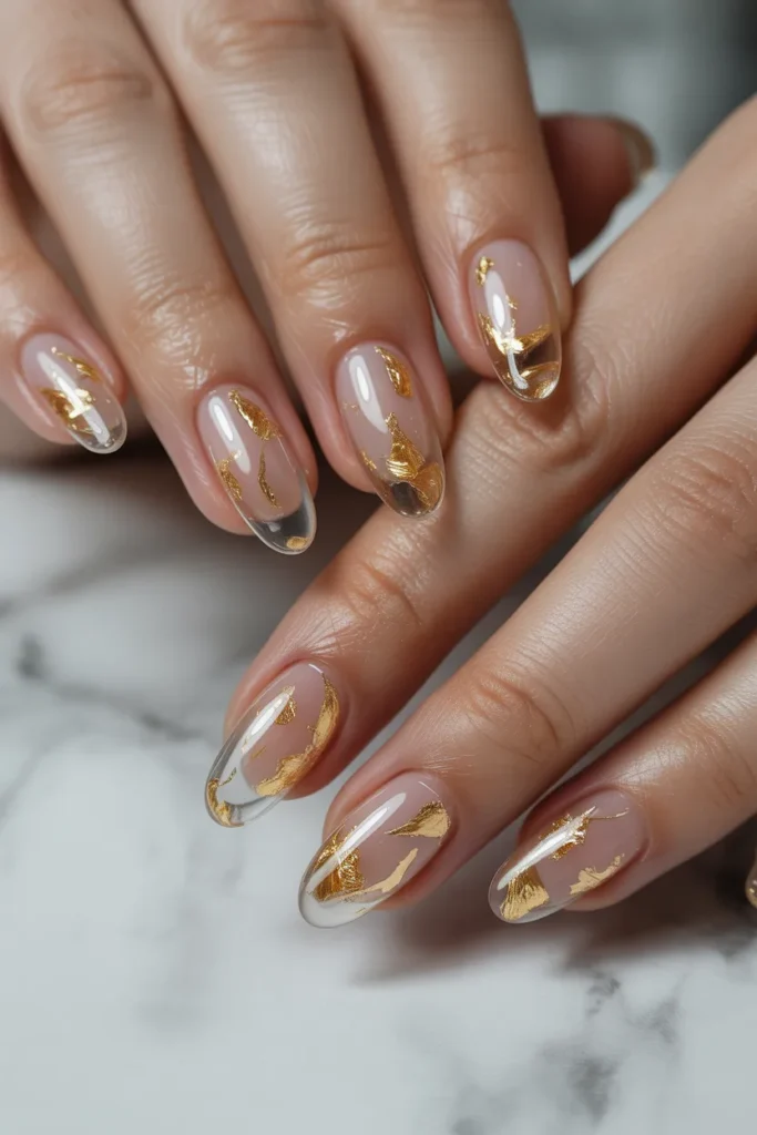 jelly nails with gold foil flakes