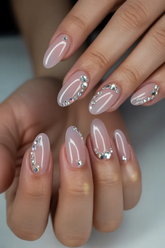 jelly nails with rhinestones, glossy translucent base